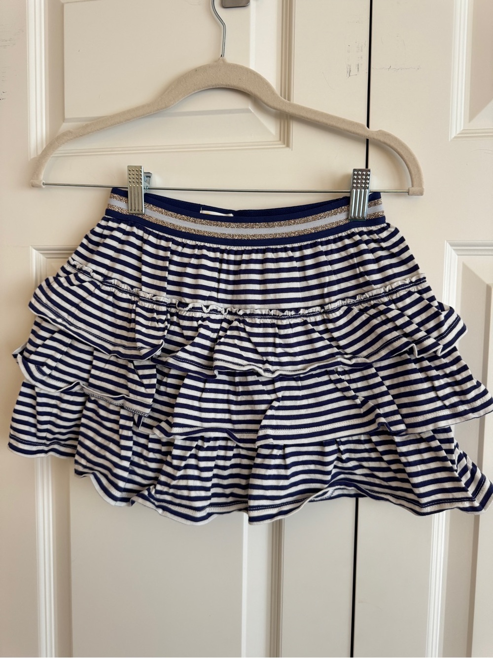 Boden Navy & White Striped Tiered Ruffle Skirt with Sparkle Waistband 9-10